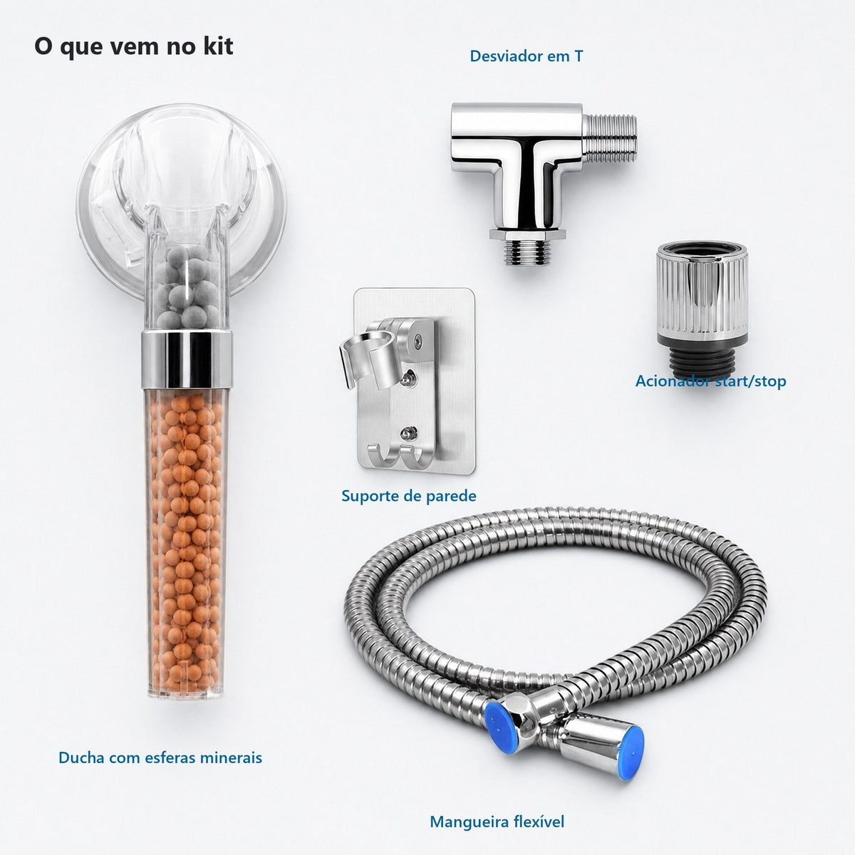 Kit Ducha Auxiliar Completo: ducha com esferas minerais, desviador em T, acionador start/stop, suporte de parede e mangueira flexível
