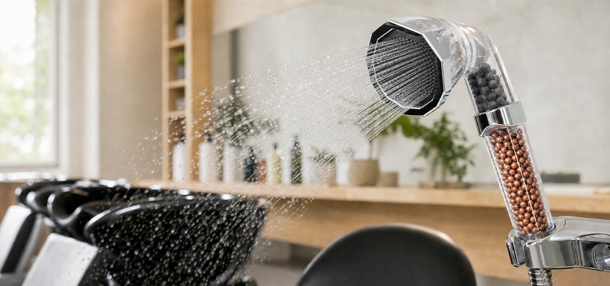 Ducha New Pure Shower no lavatório de um salão, jato saindo para a frente