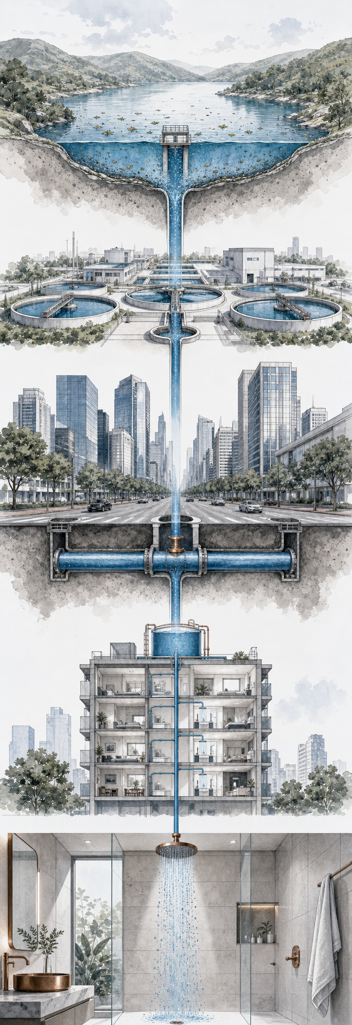 Ilustração do caminho da água: da captação ao chuveiro
